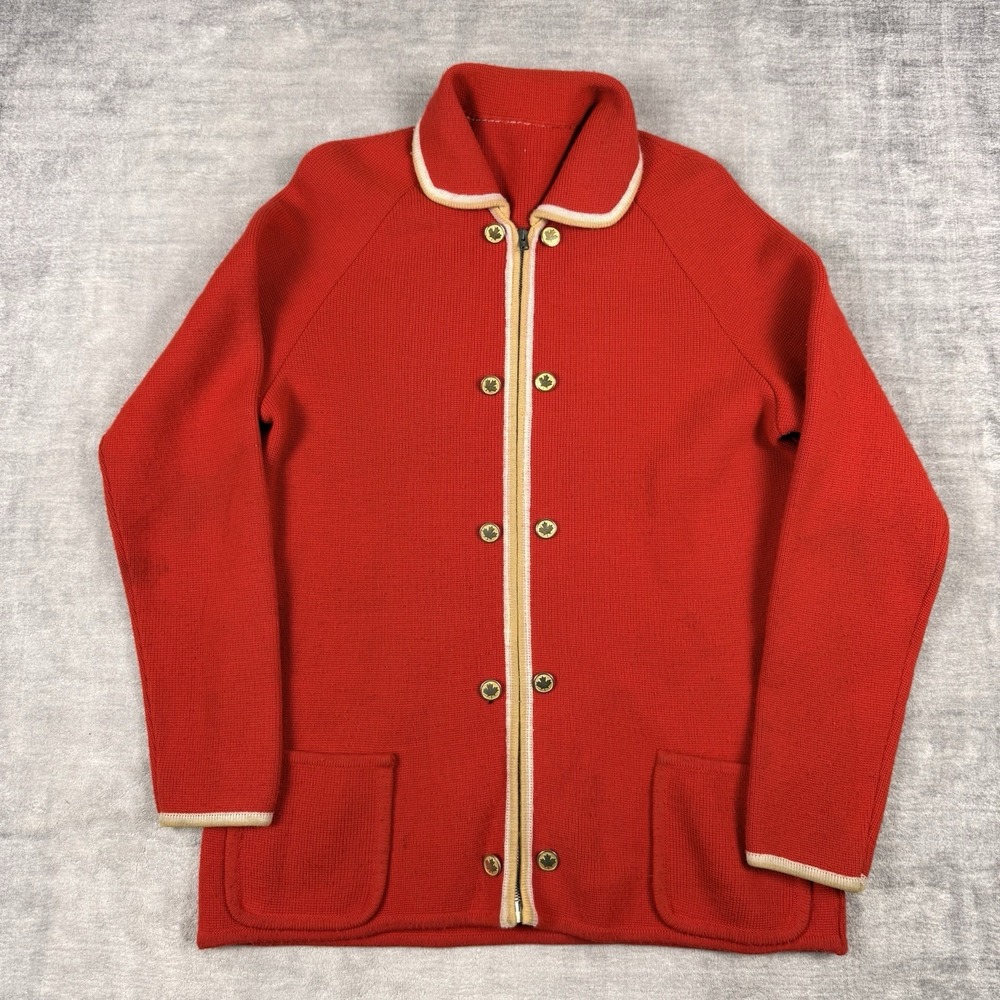 Vintage 70s Sweater Womans Medium Red Cardigan Zip Up Gold Button Maple Leaf